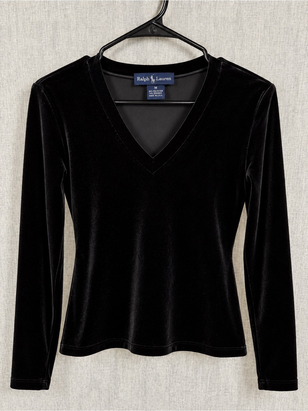 Ralph Lauren Black Velvet V-Neck Long Sleeve Top Stretch M